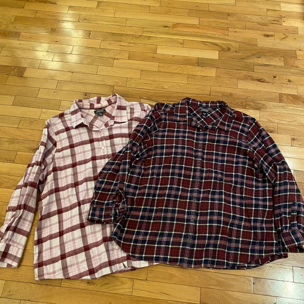 Lands End Flannel Shirt 2 Pack Womens 22W Plaid Long Sleeve Button Down Cotton‎